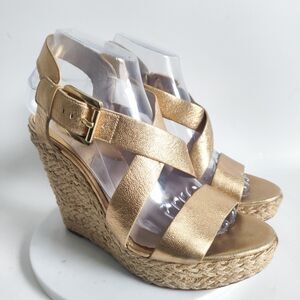 Michael Kors Espadrille Sandals Size 8.5 Platform Gold Leather Giovanna 5" Wedge